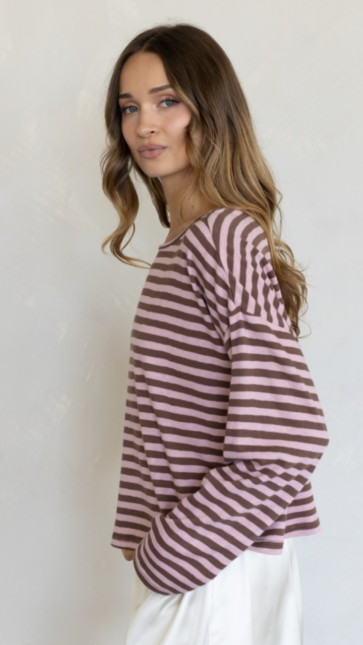 Pink And Brown Stripe Boat Neck Long Sleeve Top