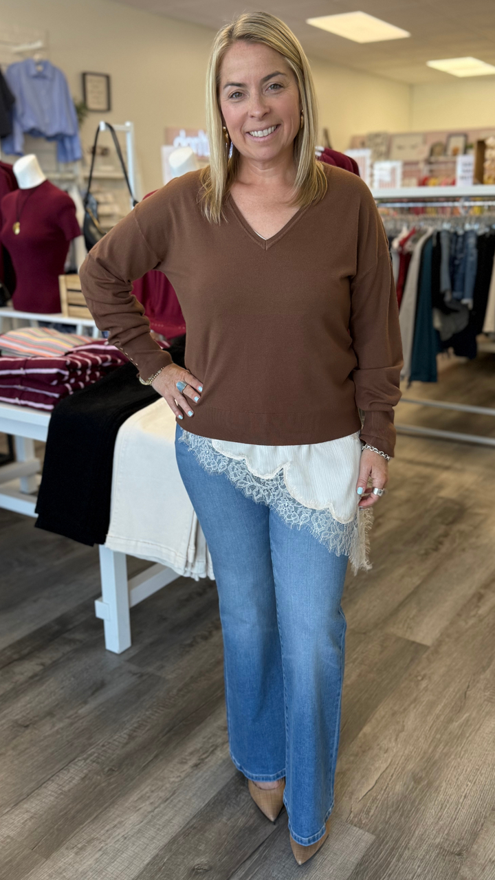 Brown V Neck Buttoned Sleeve Sweater