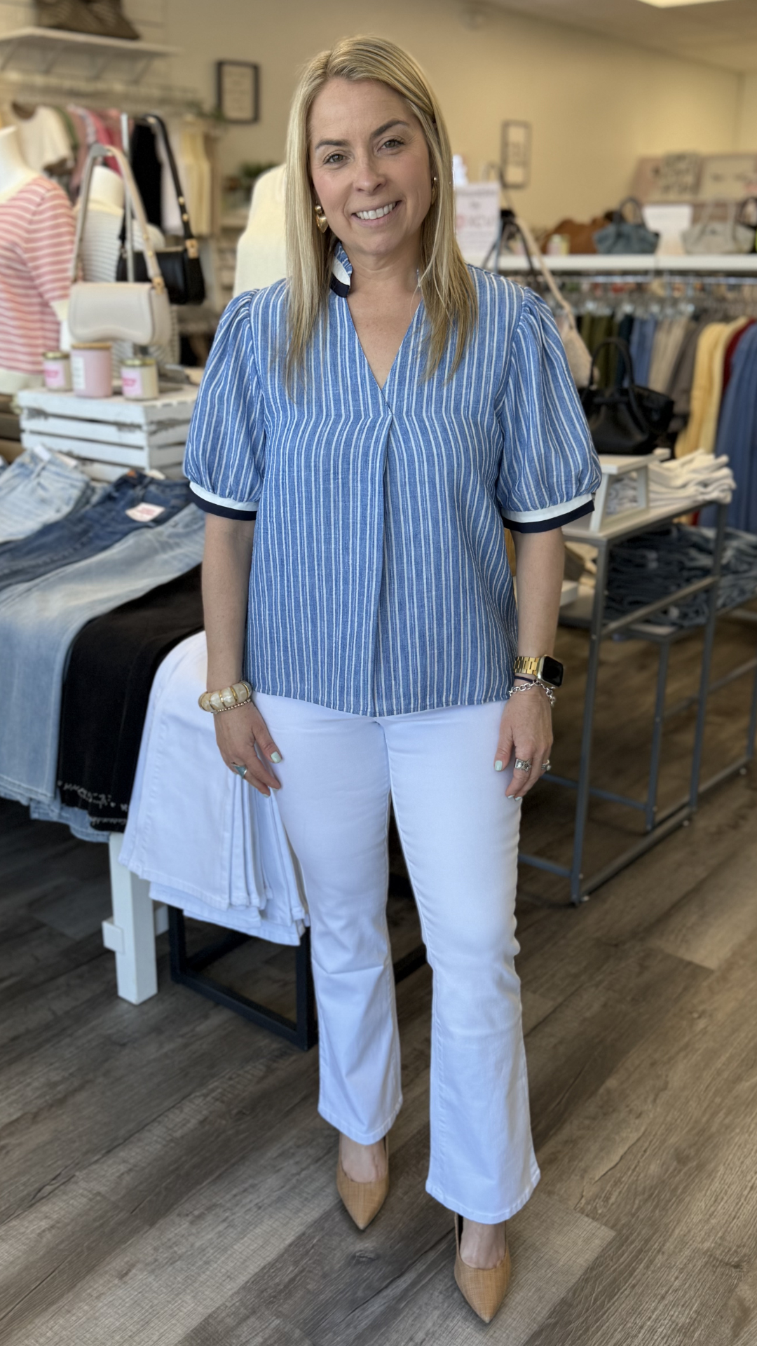 Short Sleeve Striped V Neck Top