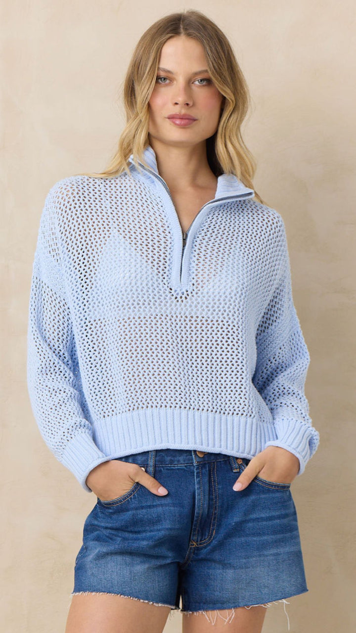 Light Blue Open Knit Quarter Zip Sweater