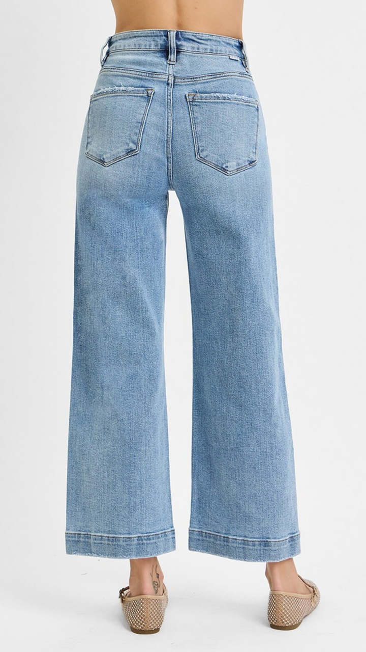 High Rise Light Wash Crop Wide Leg Jeans With Seam Detail
