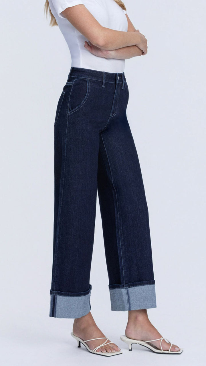 High Rise Super Dark Wash Cuffed Ankle Wide Leg Jeans