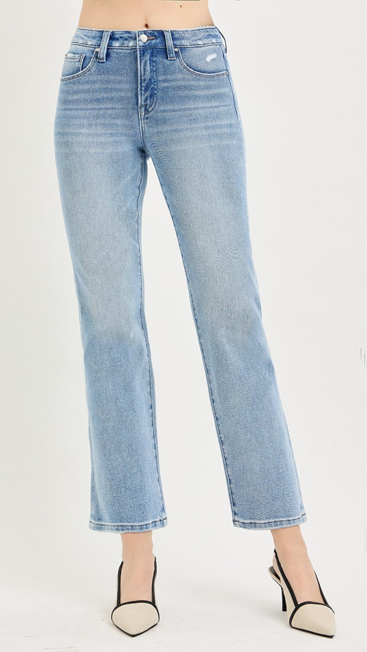 Mid Rise Light Wash Tummy Control Ankle Straight Jeans