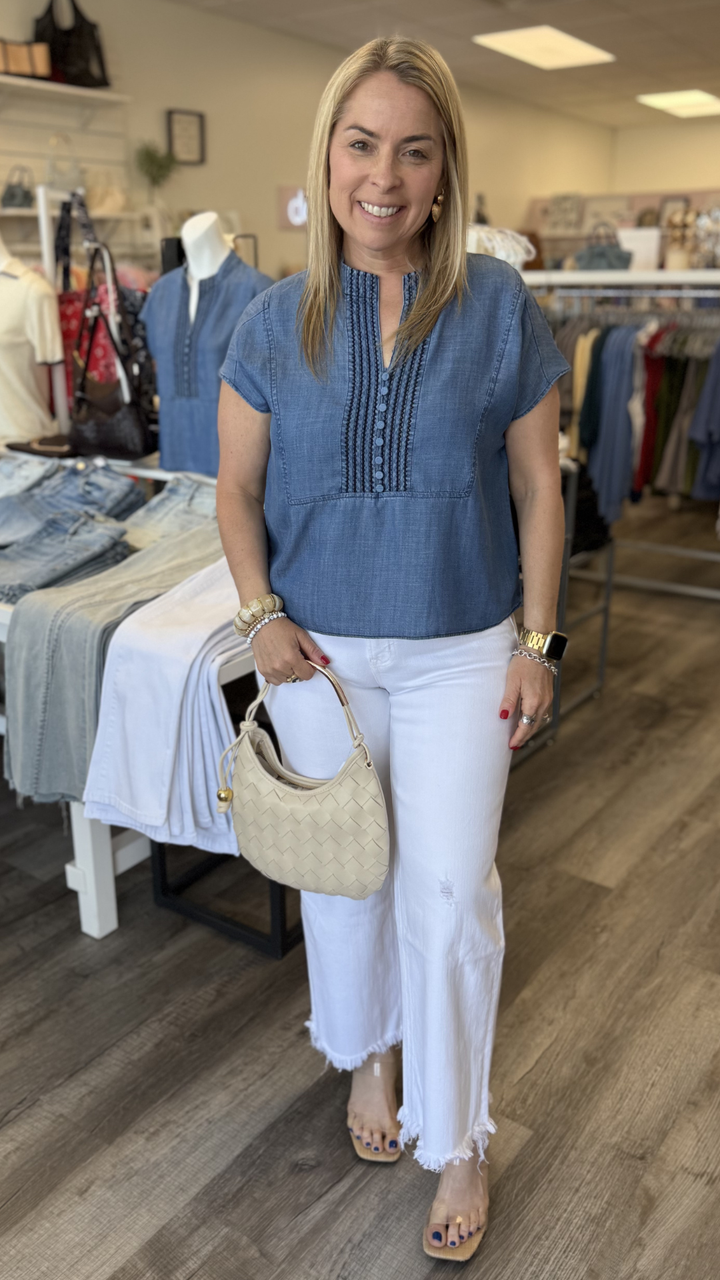 Flutter Short Sleeve Chambray Top
