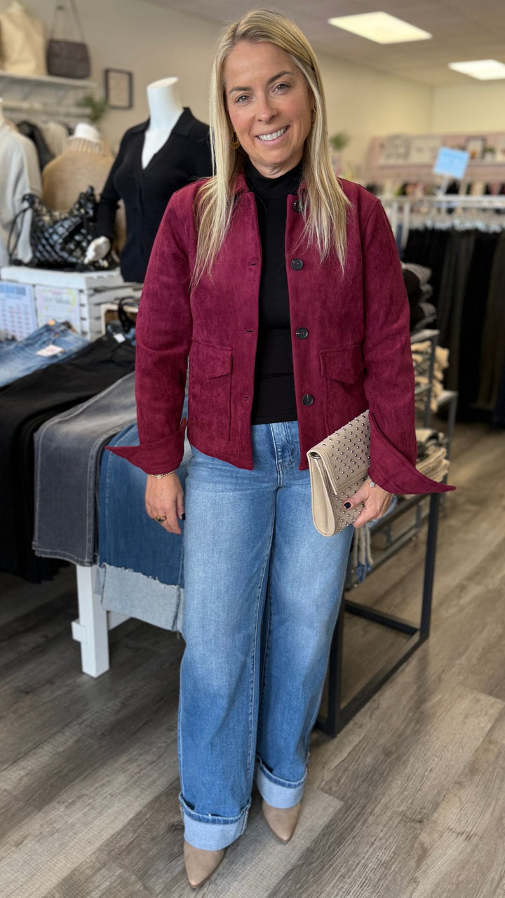 Burgundy Suede Buttoned Jacket