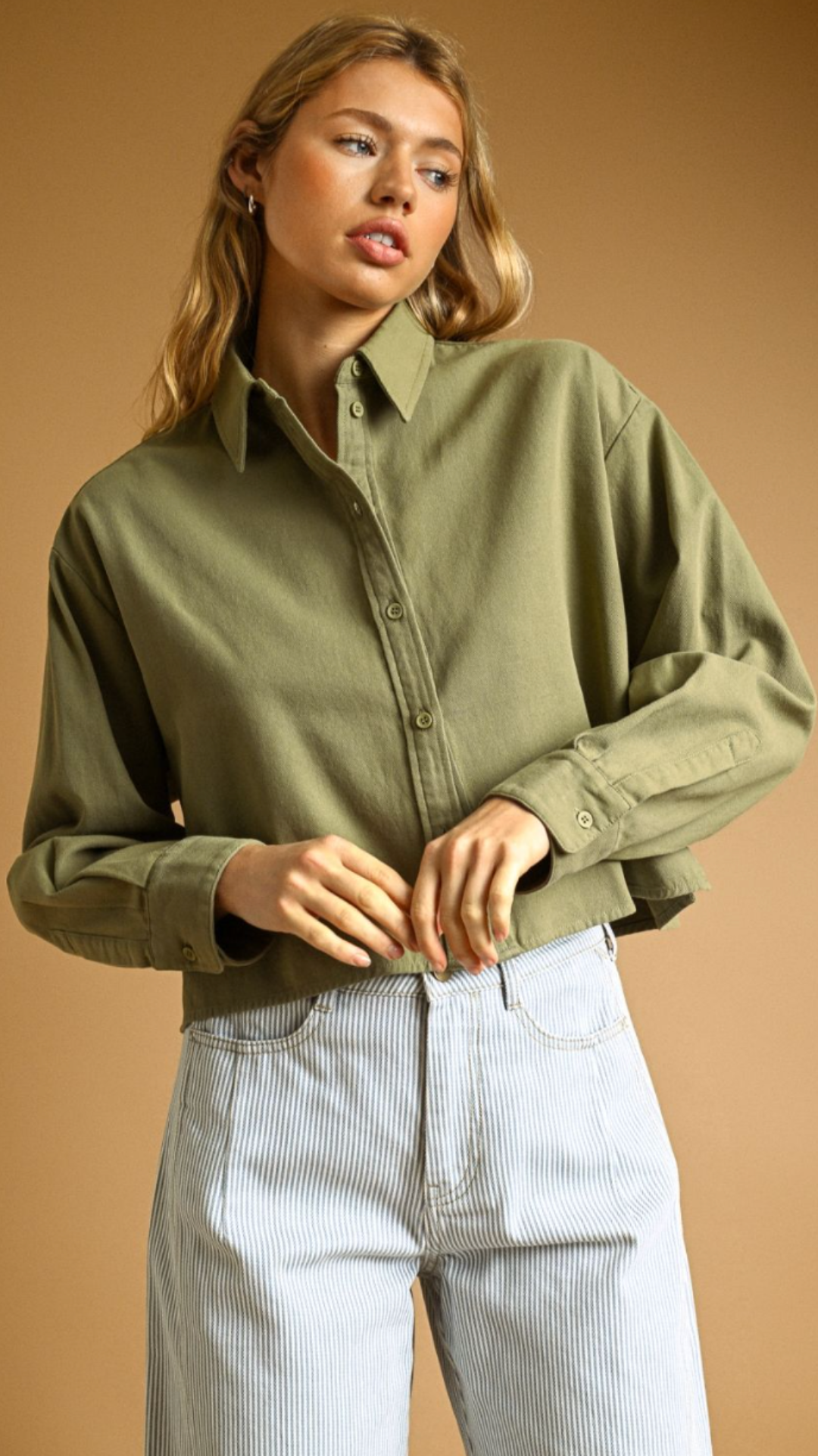 Olive Cropped Buttondown Top