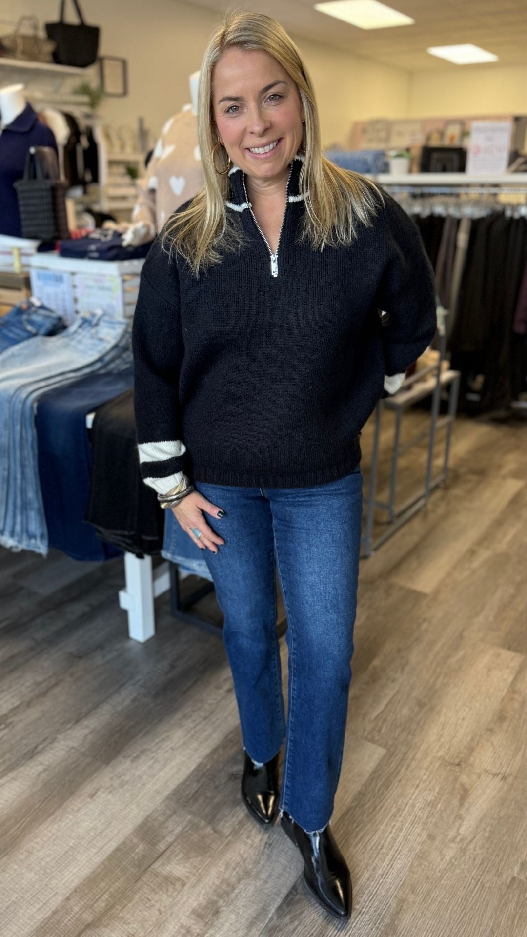 Black And Cream Quarter Zip Sweater