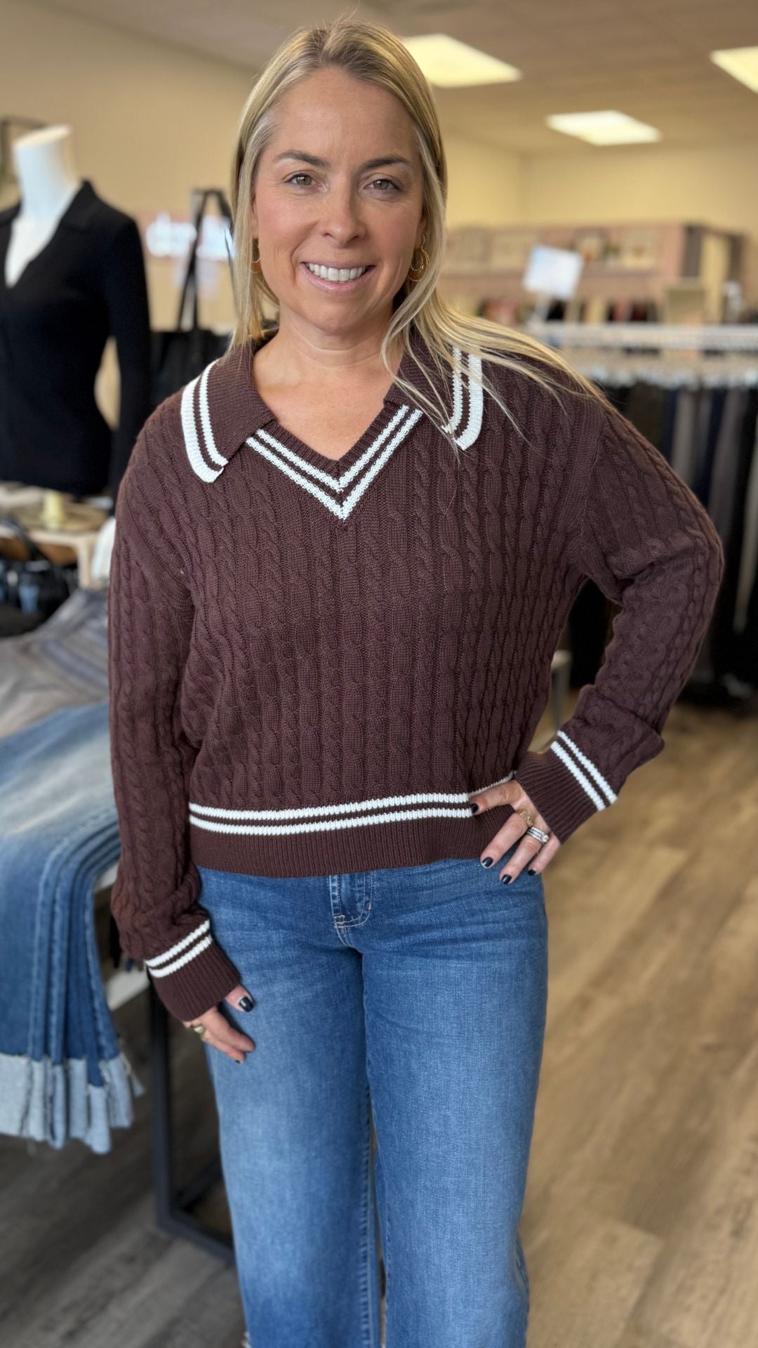 Brown And Ivory Collared Stripe Sweater