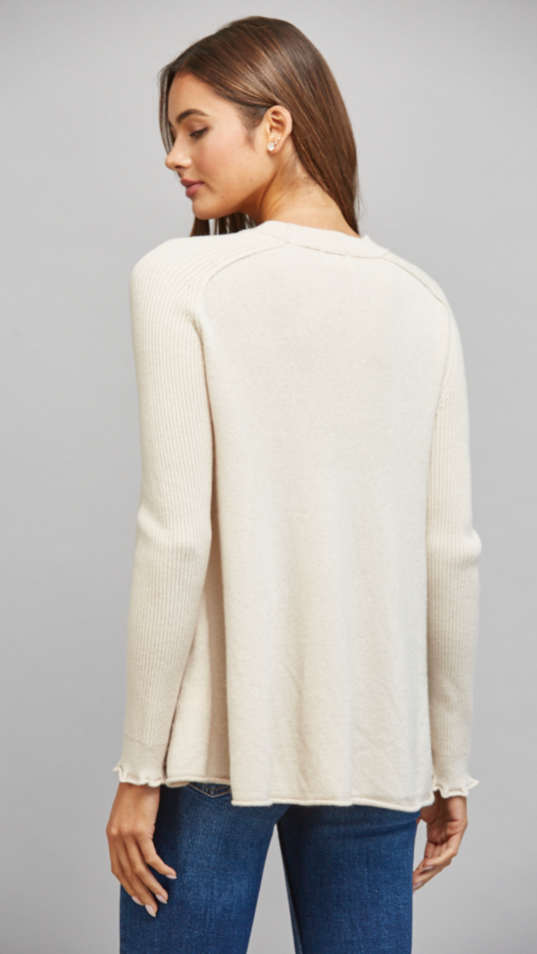 Ribbed Knit Sleeve Cashmere Blend Crewneck Sweater