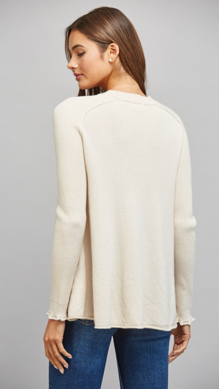 Ribbed Knit Sleeve Cashmere Blend Crewneck Sweater