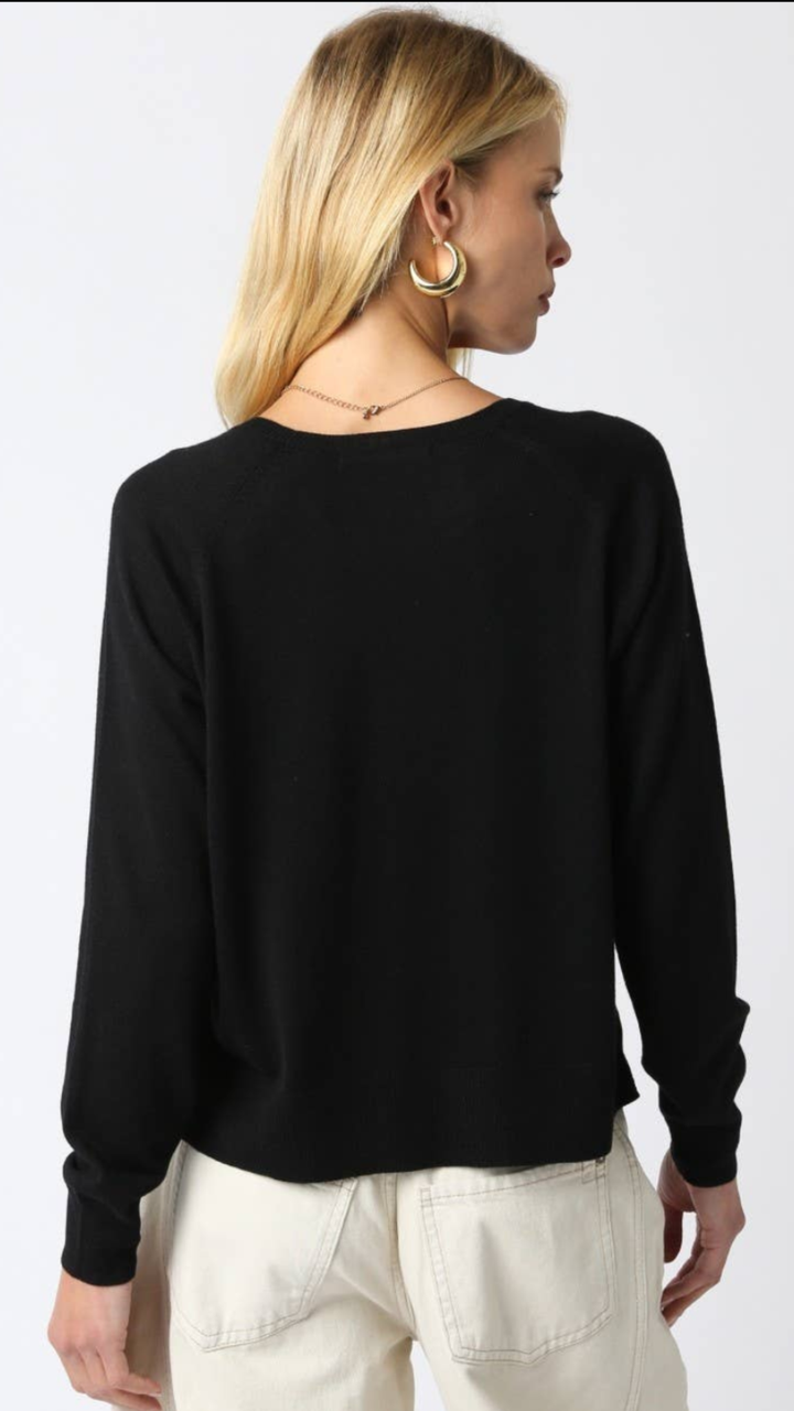 Black Ribbed Hem With Side Split Lightweight Sweater