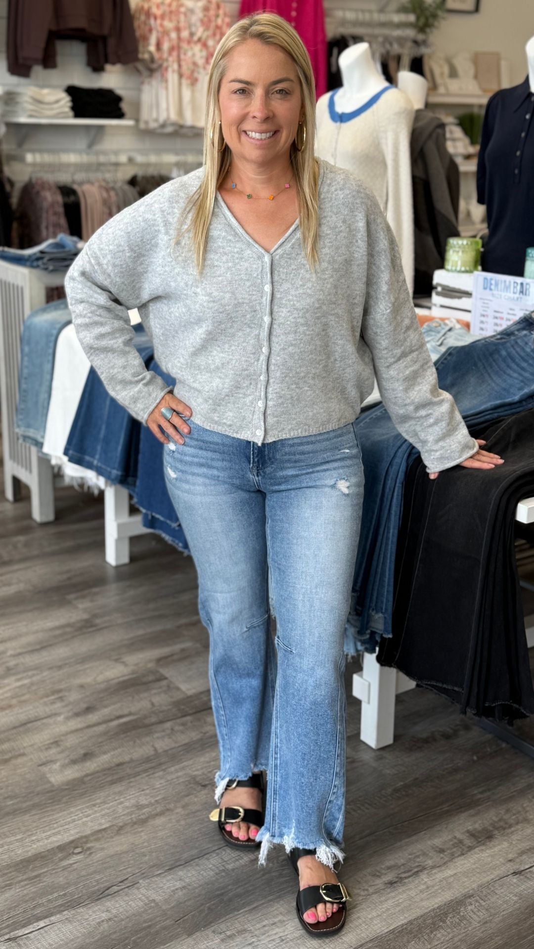 Gray V Neck Buttoned Sweater Cardigan