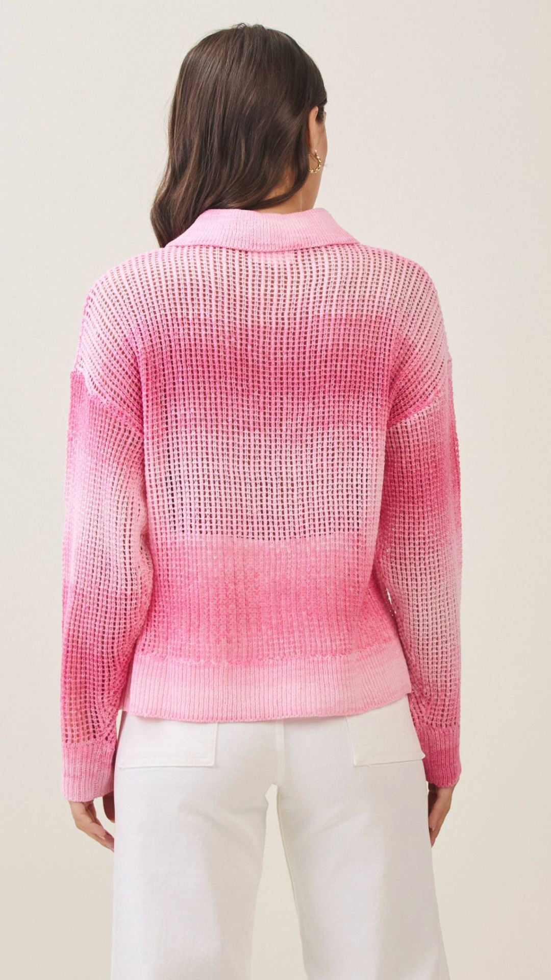Pink Ombre Open Knit Collared Top
