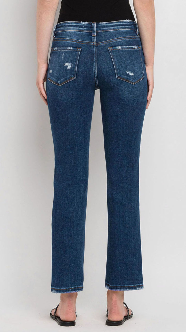 Mid Rise Dark Wash Ankle Slim Straight Jeans