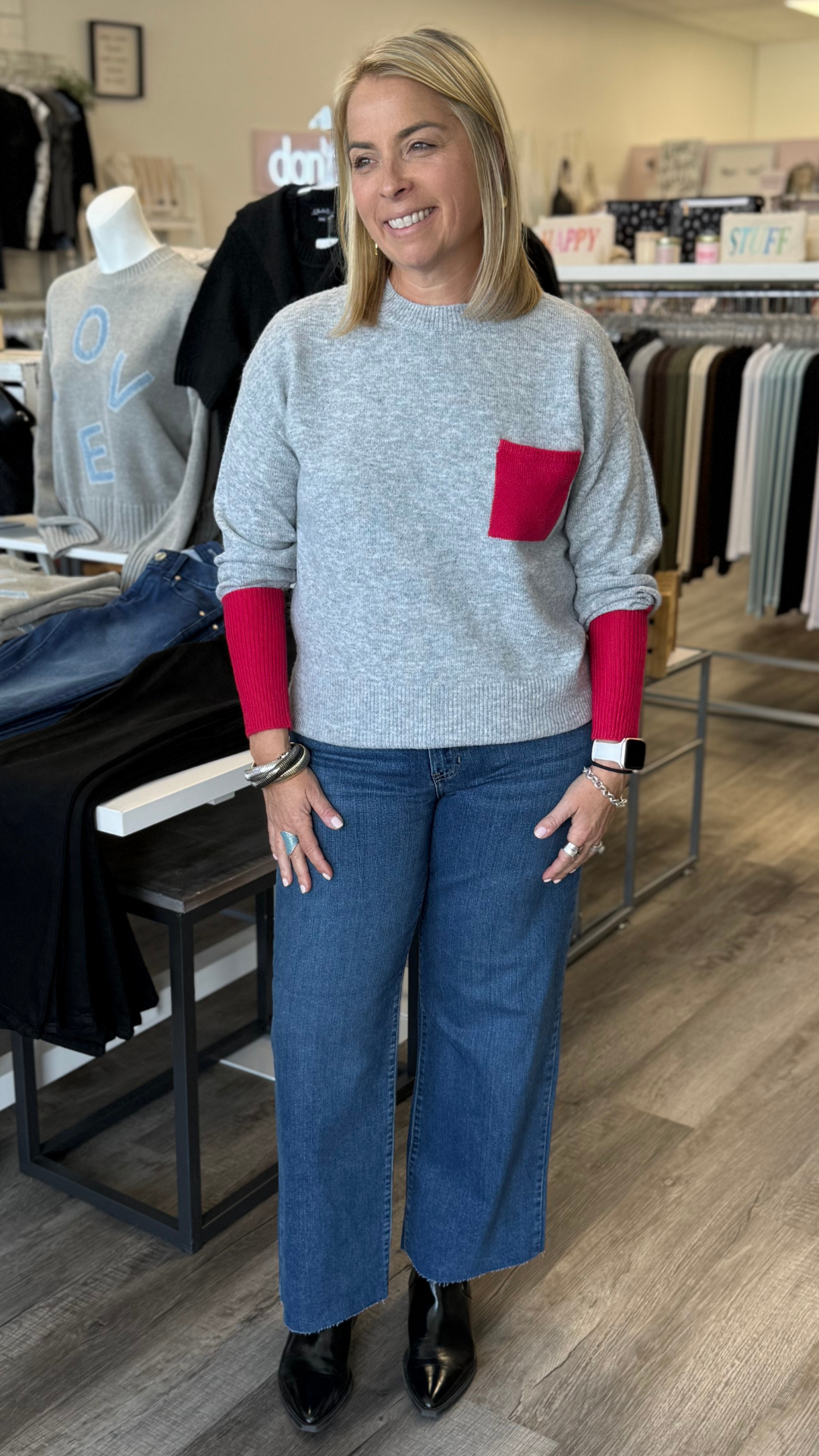 Grey Crew Neck Sweater With Red Contrast Details