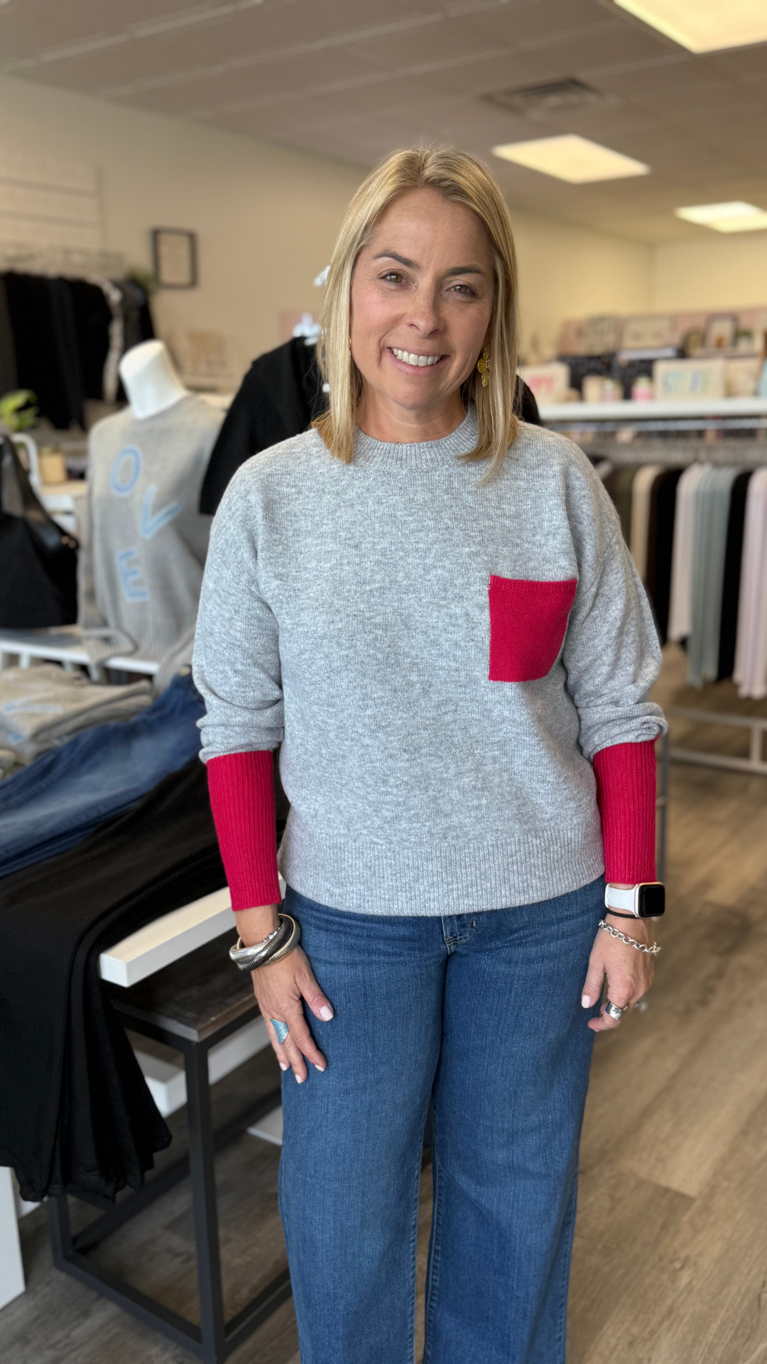 Grey Crew Neck Sweater With Red Contrast Details