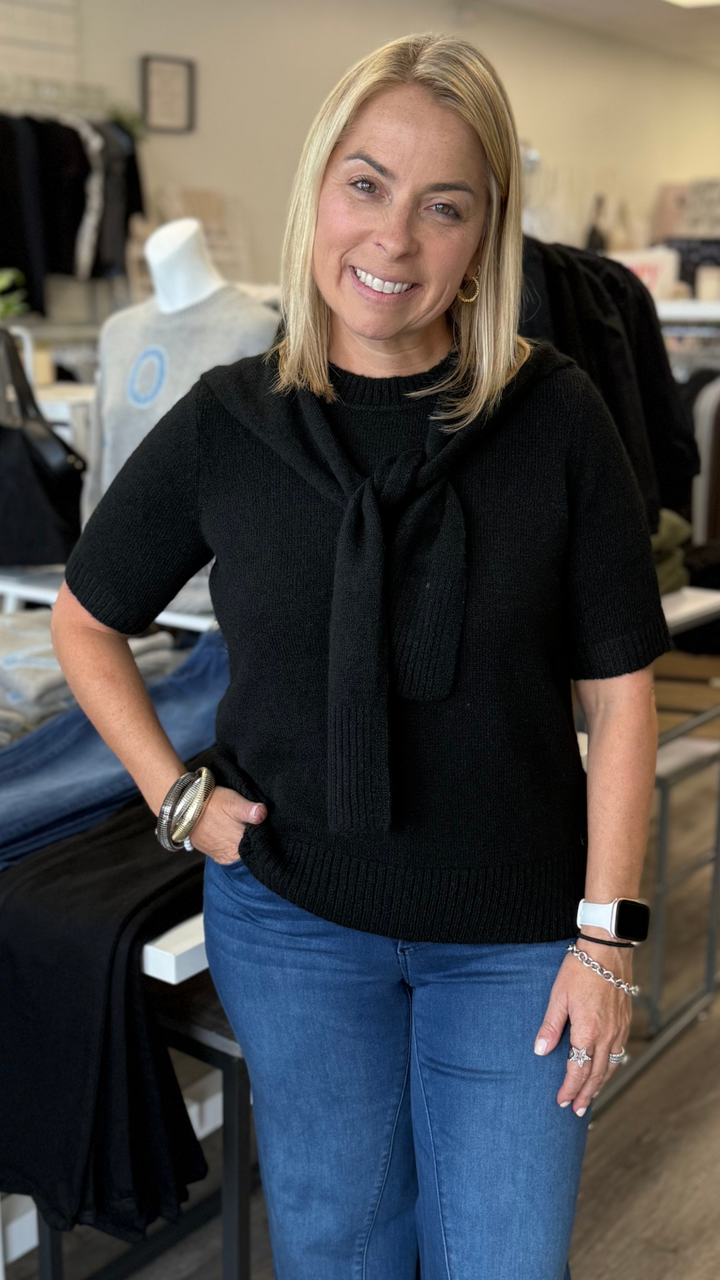Black Short Sleeve Sweater With Faux Scarf Detail