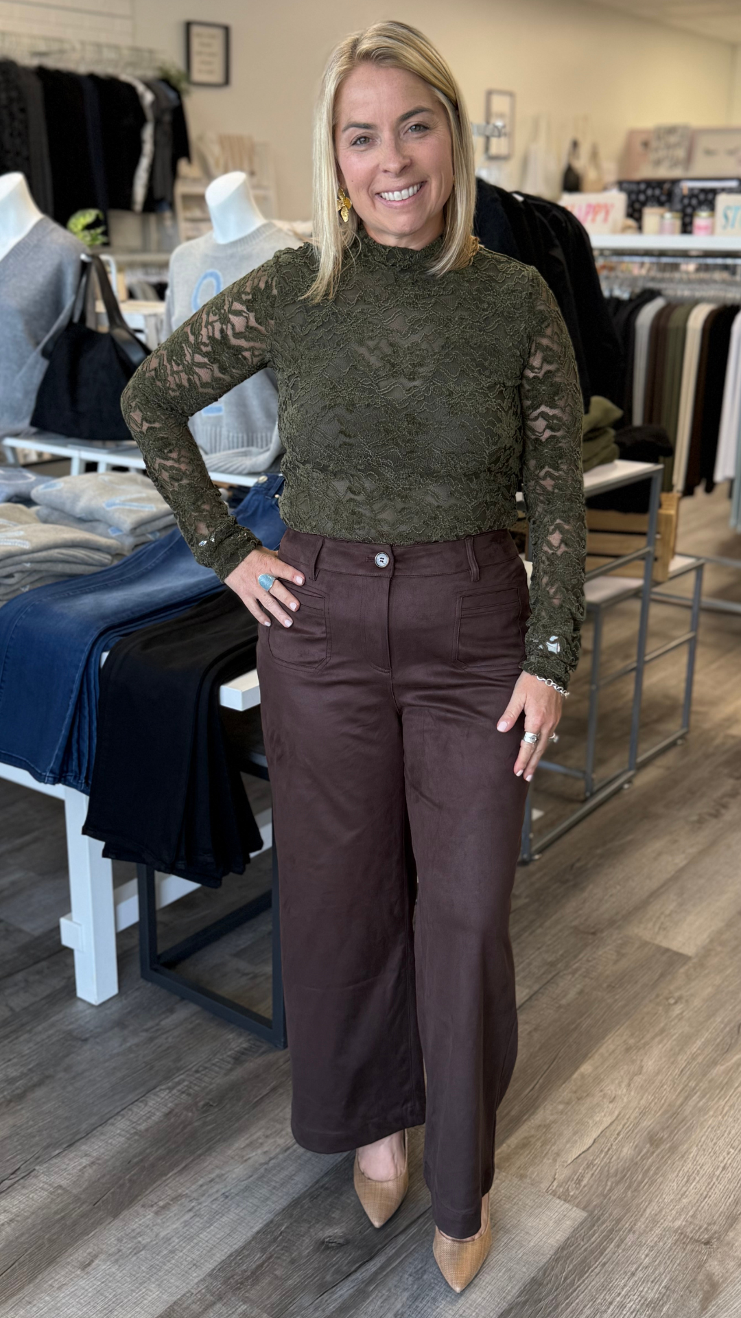 Coffee Faux Suede Cropped Wide Leg Pants