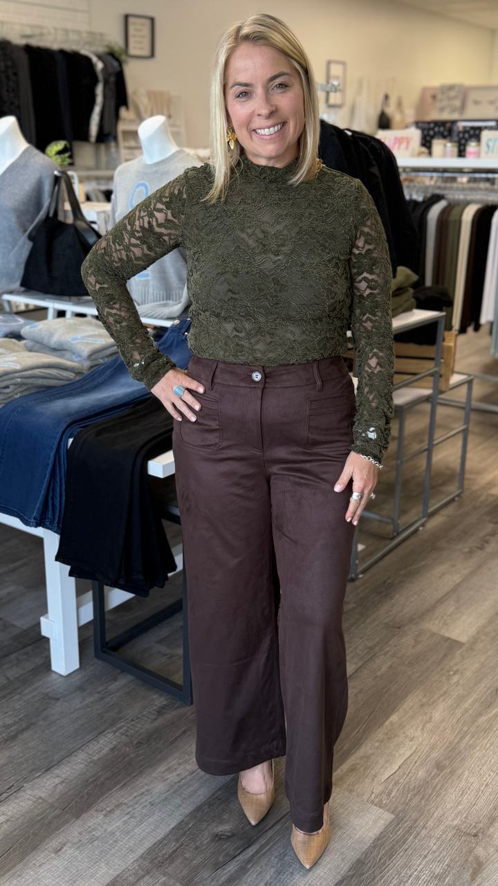 Coffee Faux Suede Cropped Wide Leg Pants