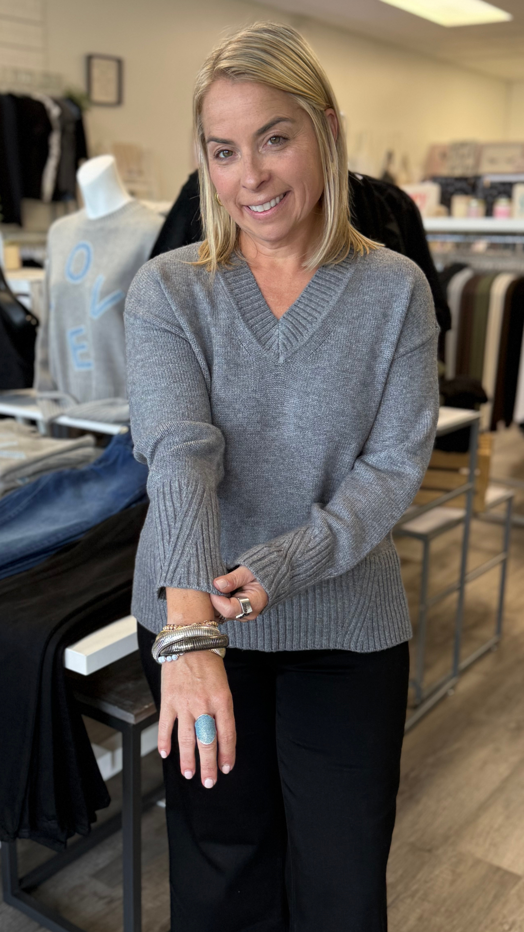 Grey V Neck Knit Detail Sleeve Sweater
