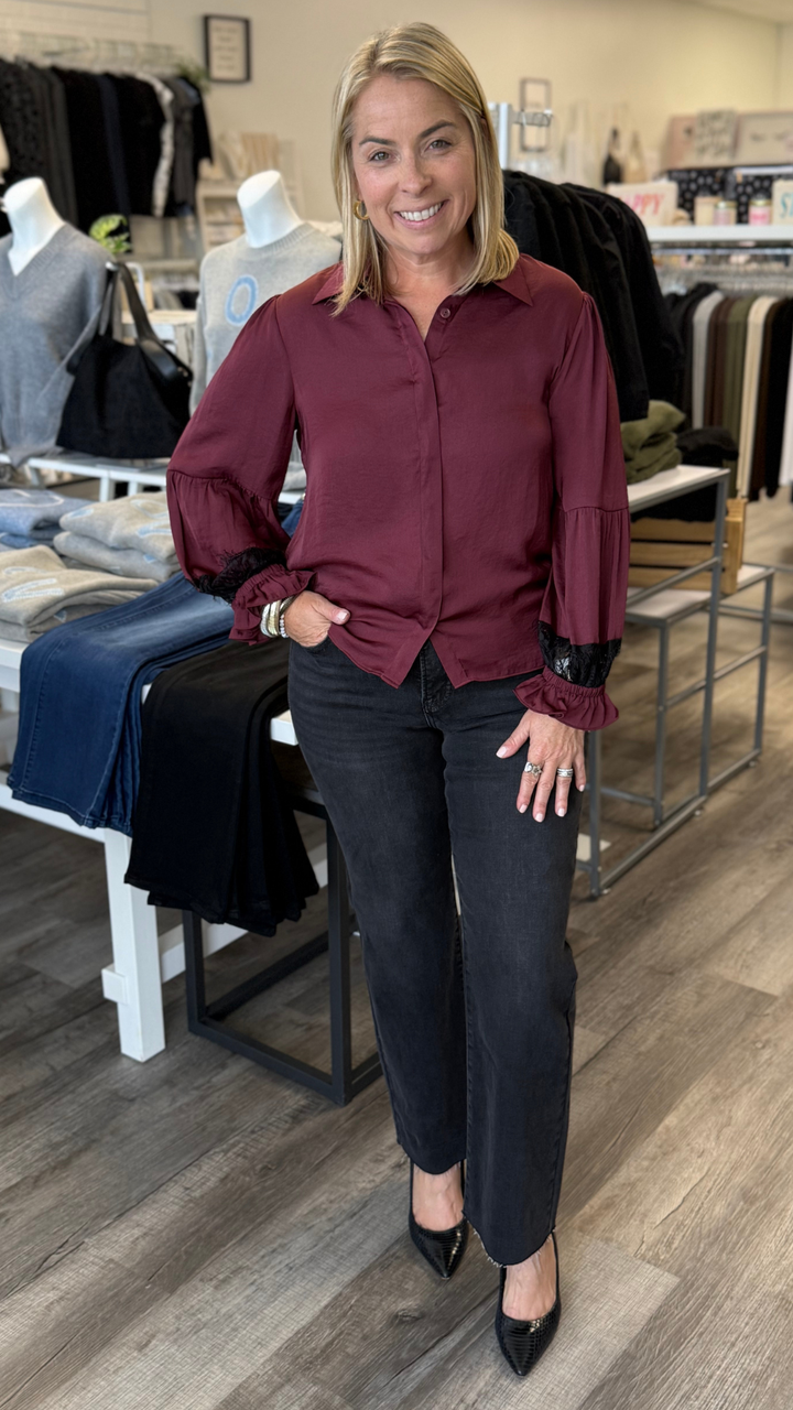 Wine Lace Insert Long Sleeve Blouse