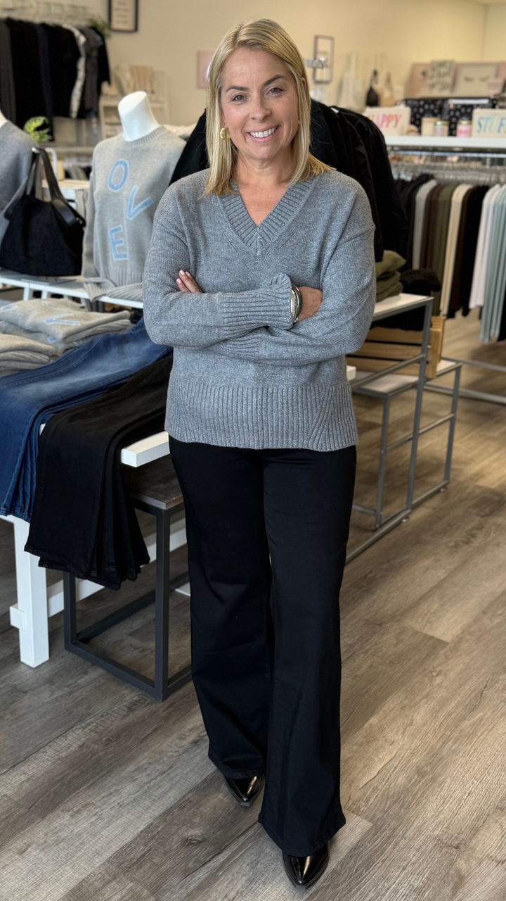 Grey V Neck Knit Detail Sleeve Sweater