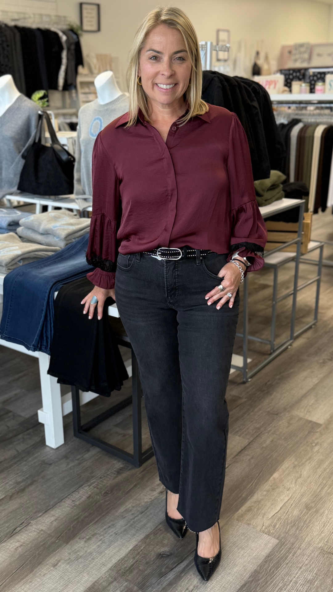 Wine Lace Insert Long Sleeve Blouse