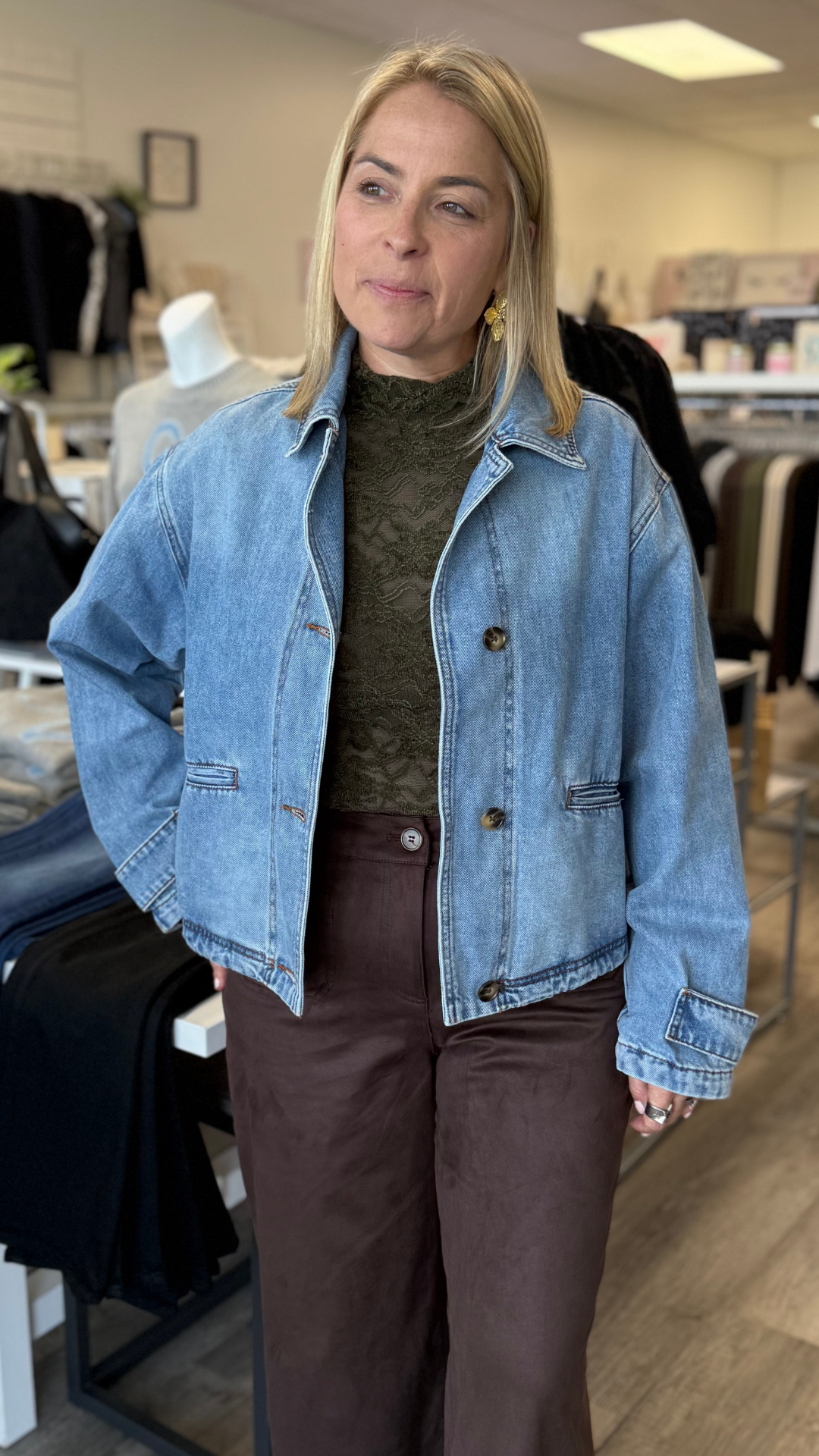 Denim Button Front Bomber Jacket
