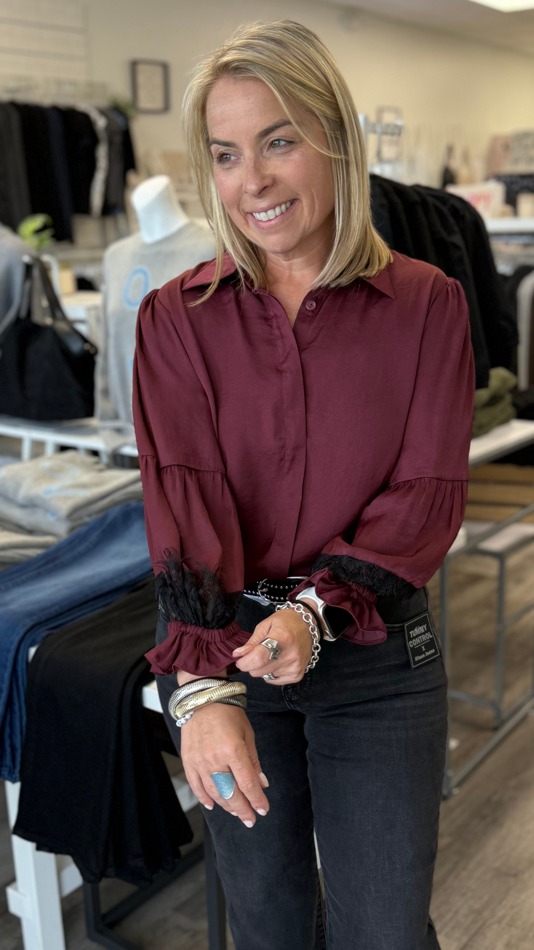 Wine Lace Insert Long Sleeve Blouse