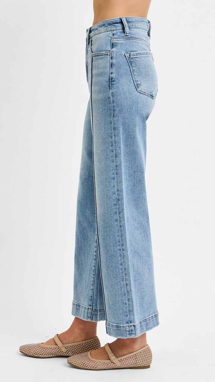 High Rise Light Wash Crop Wide Leg Jeans With Seam Detail