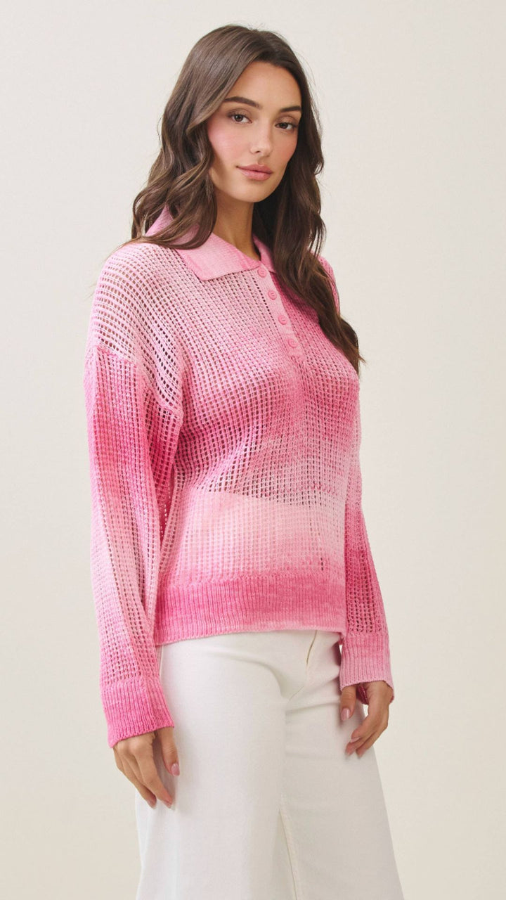 Pink Ombre Open Knit Collared Top