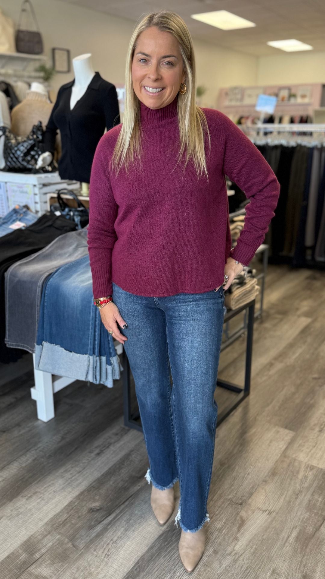 Raspberry Beret Alessi Mock Neck Sweater