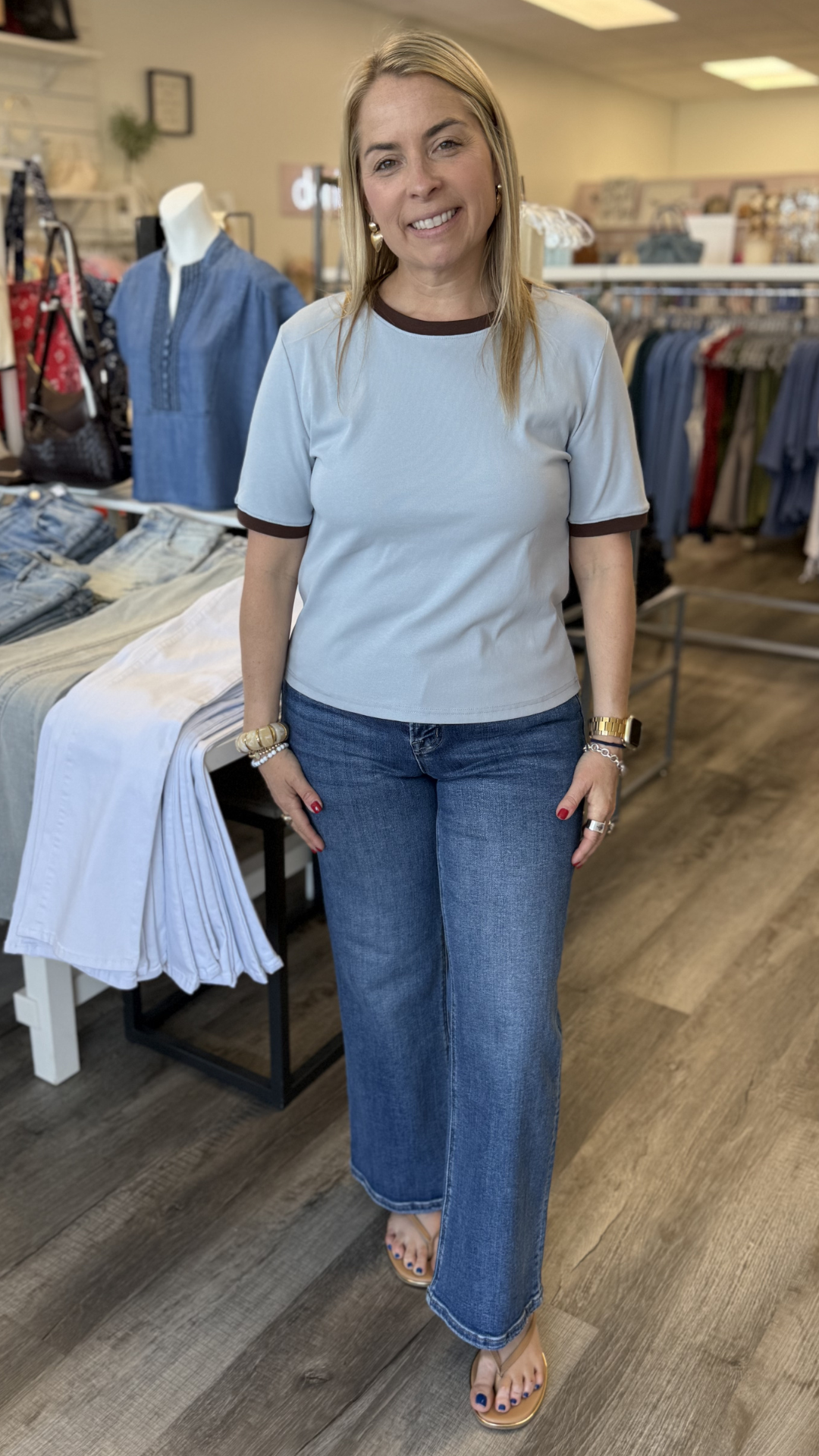 Dusty Blue And Brown Trim Ringer Tee