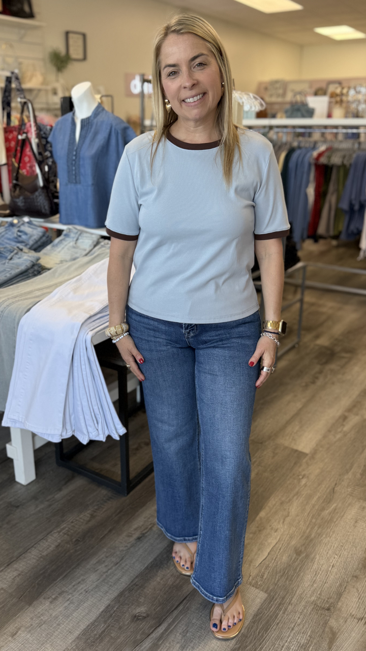 Dusty Blue And Brown Trim Ringer Tee