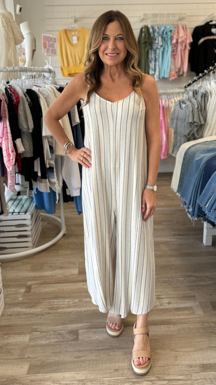 Pale Blue Stripe Sleeveless V-Neck Jumpsuit