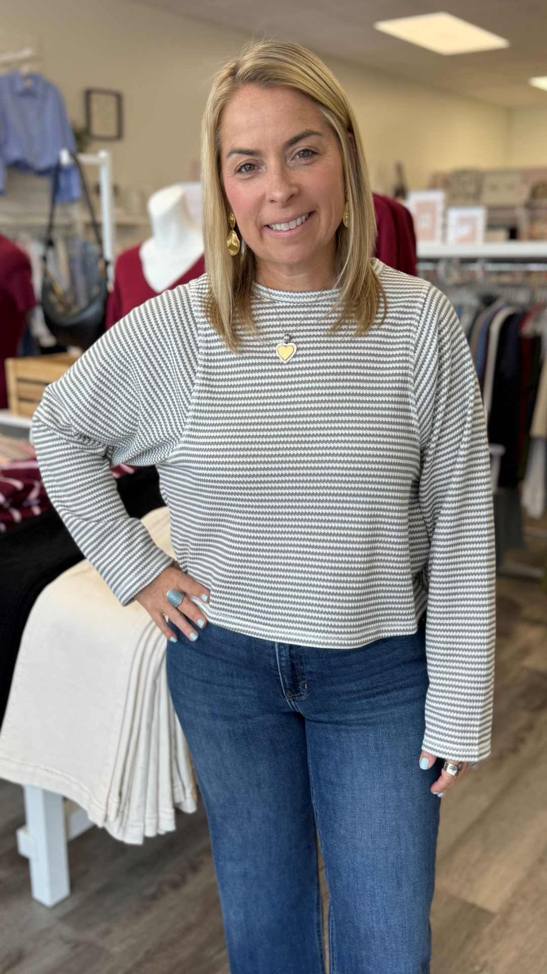 Grey Striped Waffle Long Sleeve Top