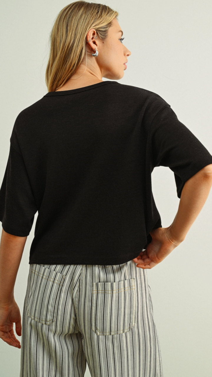 Charcoal Soft Brushed Short Sleeve Knitted Top