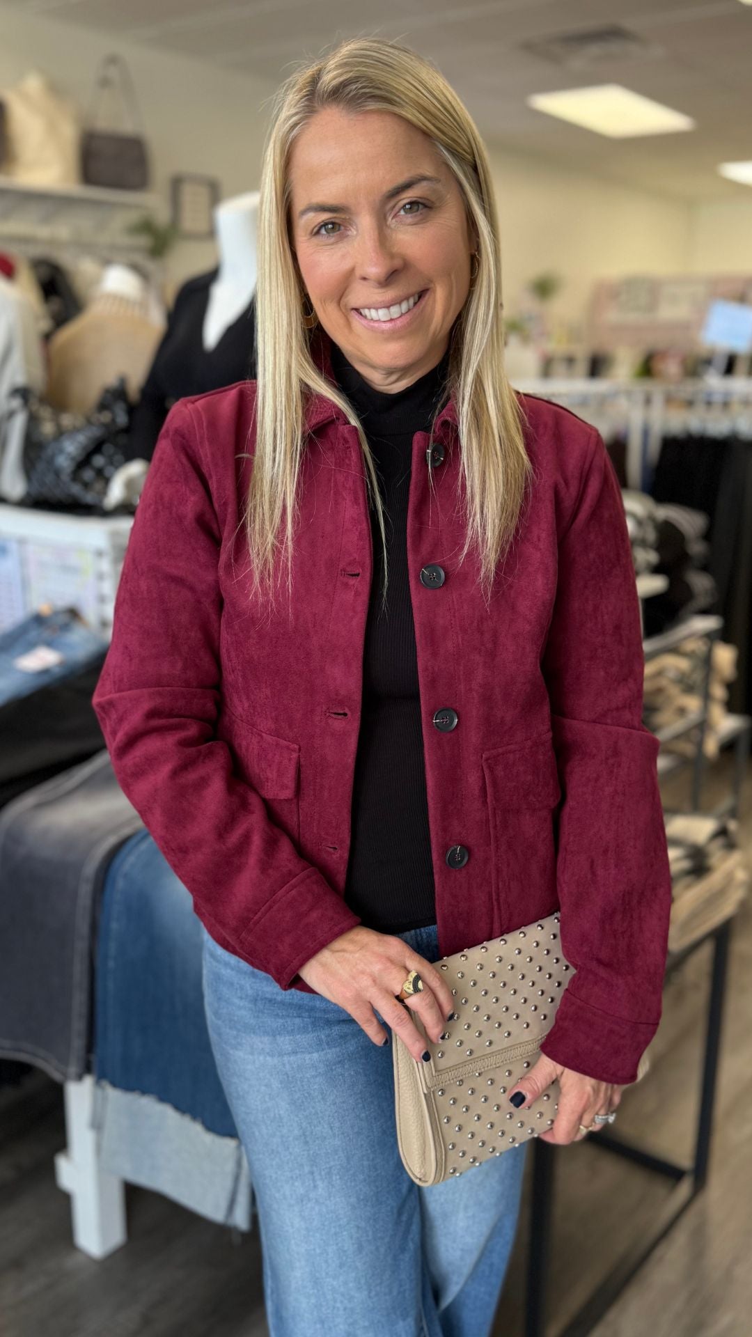 Burgundy Suede Buttoned Jacket