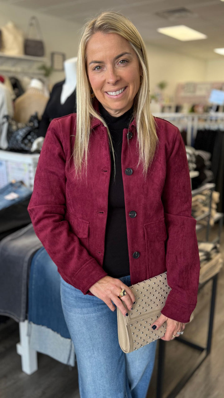 Burgundy Suede Buttoned Jacket