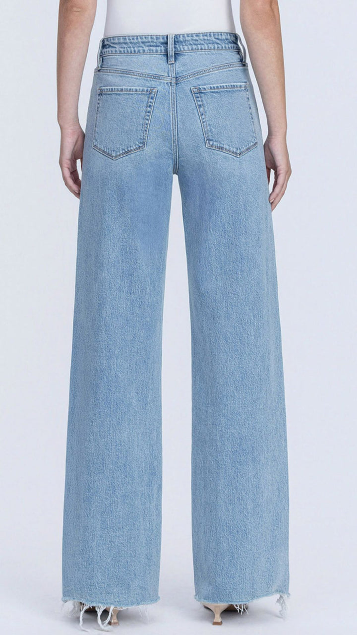 High Rise Light Wash Full Length Raw Hem Wide Leg Jeans