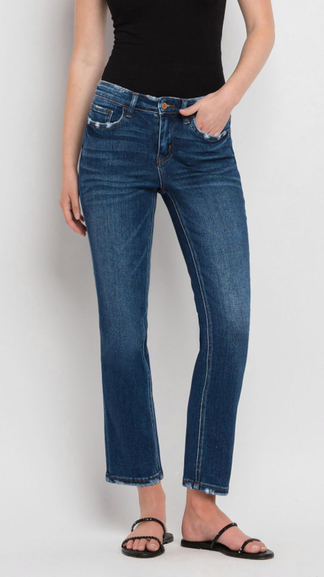 Mid Rise Dark Wash Ankle Slim Straight Jeans