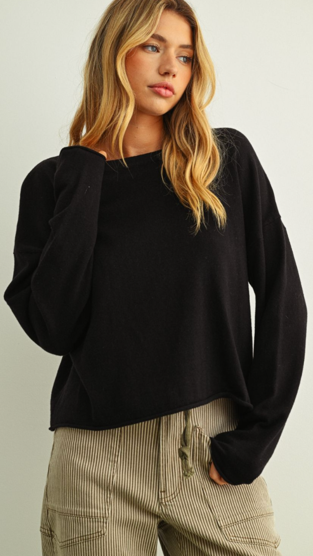 Black Essential Short Sleeve Rolling Hem Top