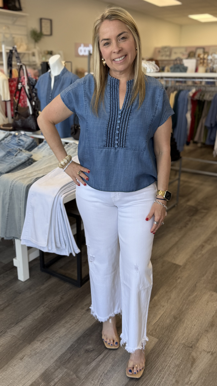 Flutter Short Sleeve Chambray Top