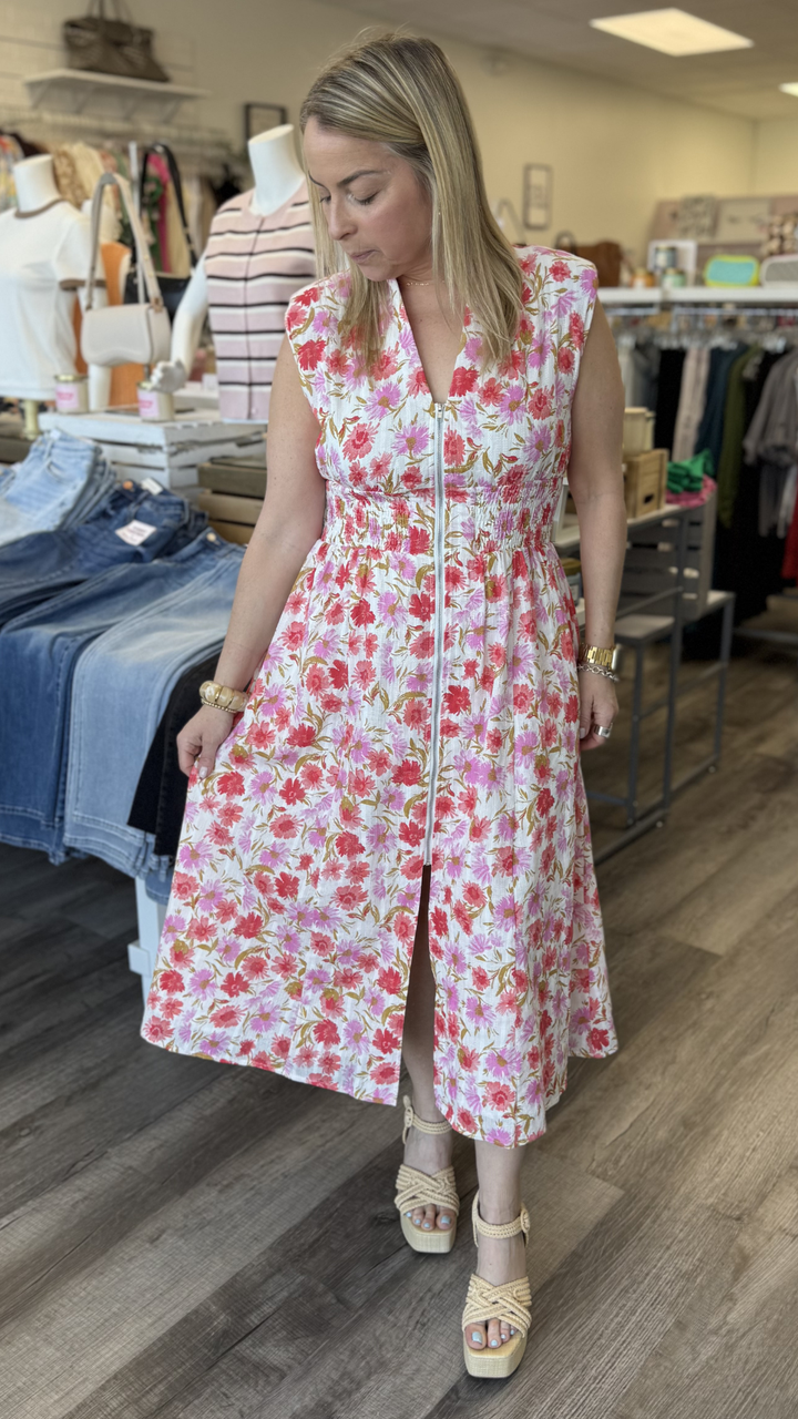 Floral Print Jacquard Cotton Front Zip Closure Midi Dress