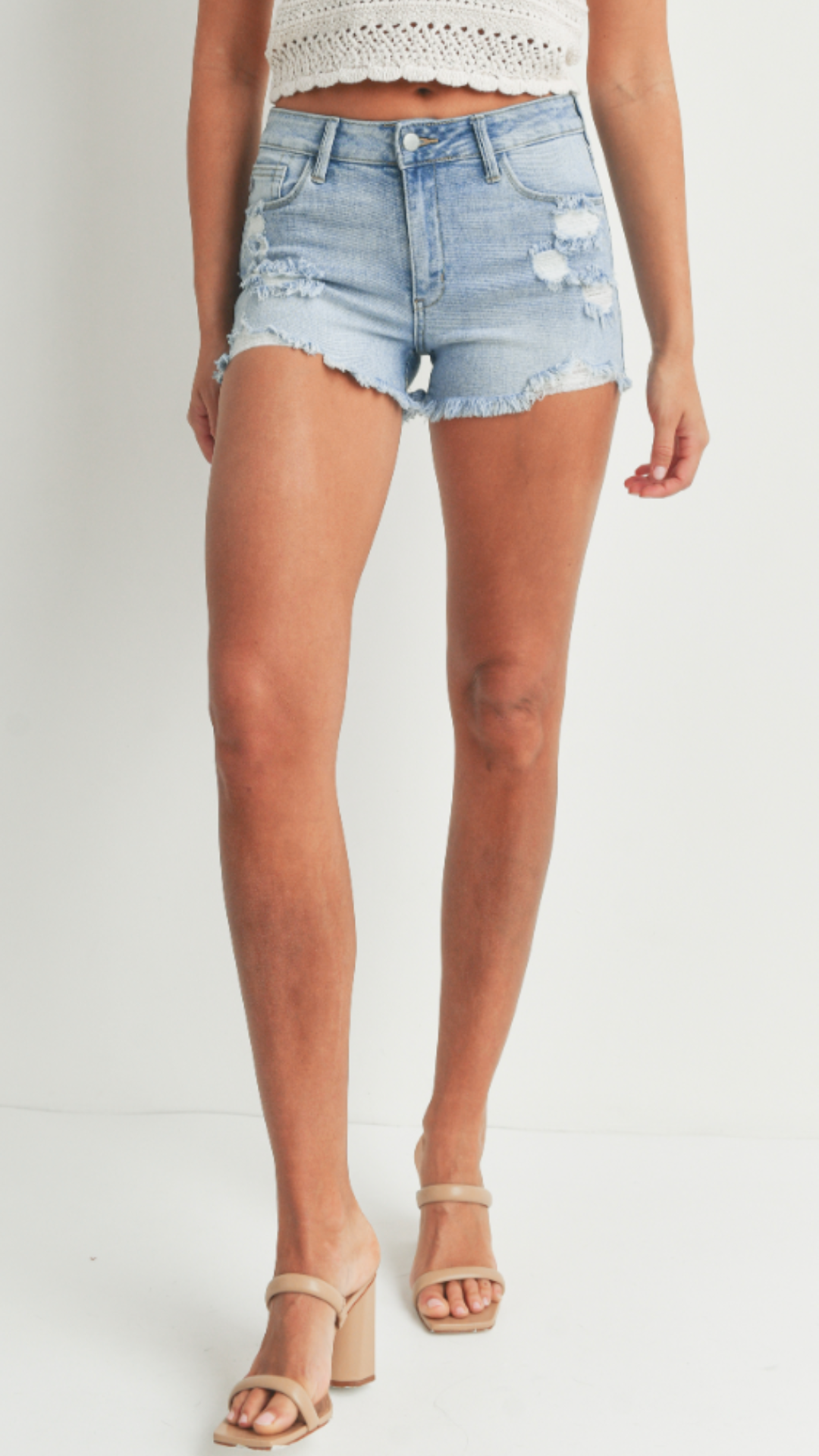Mid Rise Scattered Distressed Jean Shorts