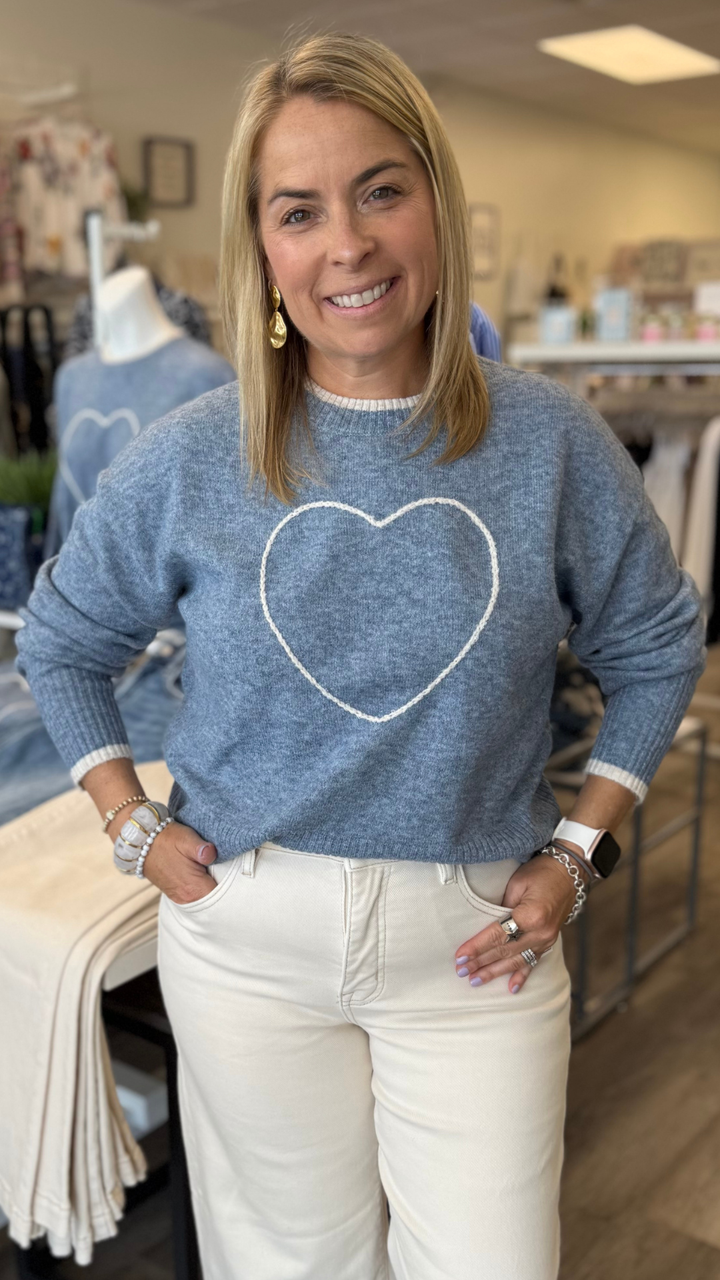 Blue Embroidered Heart Sweater
