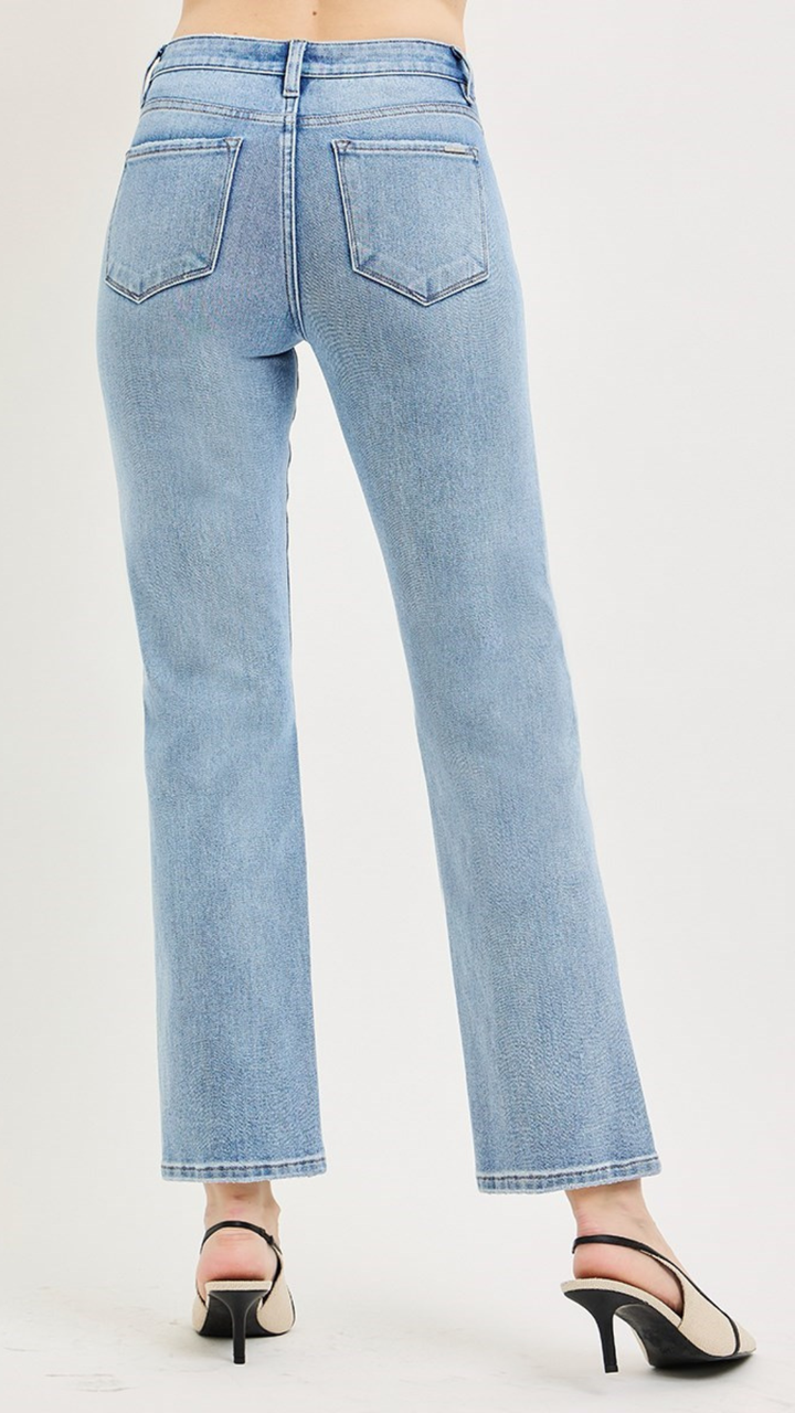 Mid Rise Light Wash Tummy Control Ankle Straight Jeans
