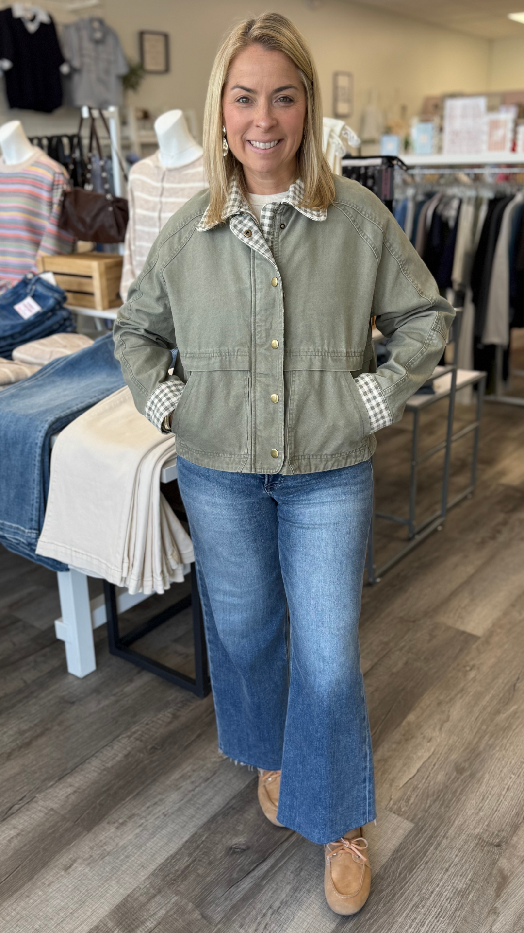 Olive Gingham Collared Twill Jacket