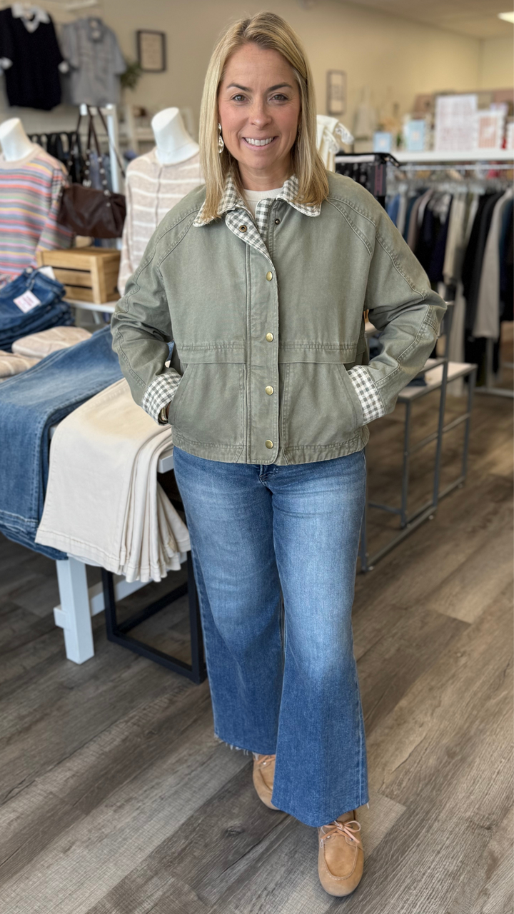 Olive Gingham Collared Twill Jacket