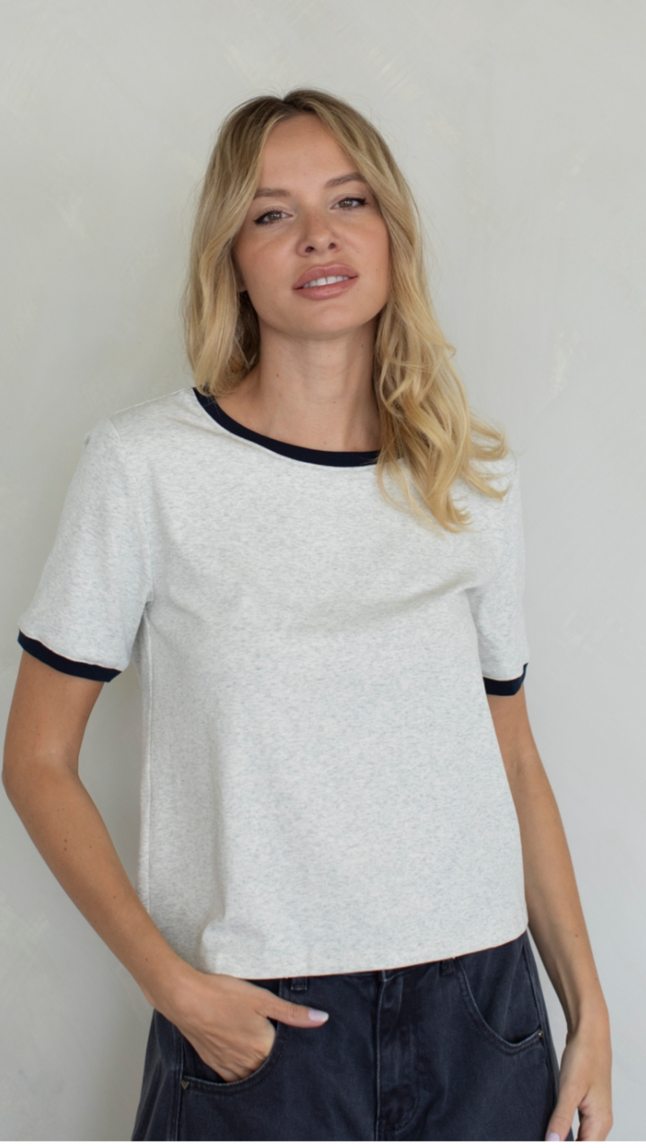 Heather Oat And Navy Trim Ringer Tee